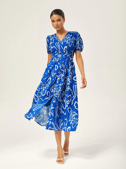Abstract Art Print Linen-Like Maxi Dress