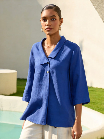 Linen Blend Asymmetric Collar Inverted Pleat Top