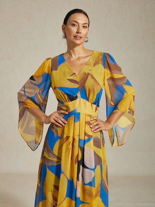 Abstract Floral Print Chiffon Maxi Dress