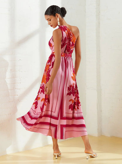 Satin Floral Print Vacation One-Shoulder Maxi Dress