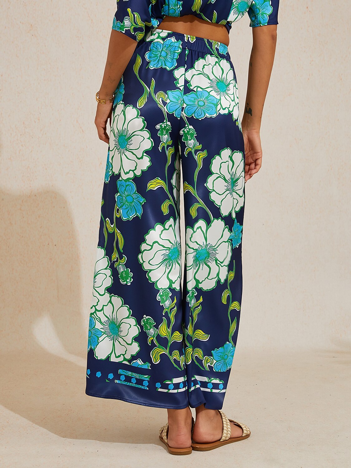 Emerald Tide Bloom Silky Satin Wide Leg Pants