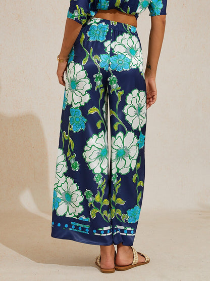 Emerald Tide Bloom Silky Satin Wide Leg Pants