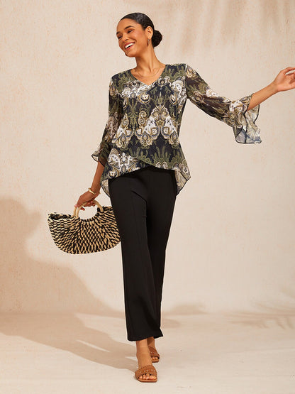 Green Mandala Floral Flowy Chiffon Top