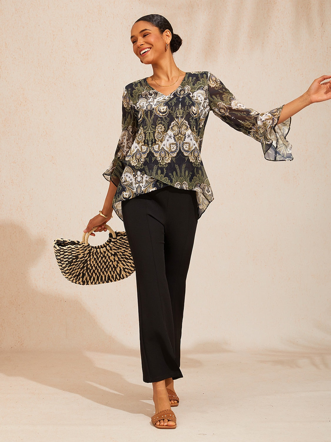 Green Mandala Floral Flowy Chiffon Blouse