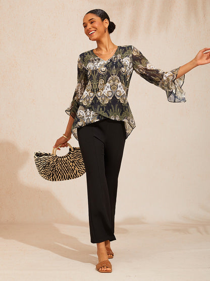 Green Mandala Floral Flowy Chiffon Blouse