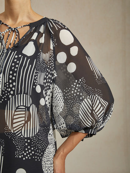 Abstract Print Puff Sleeve V-Neck Chiffon Blouse