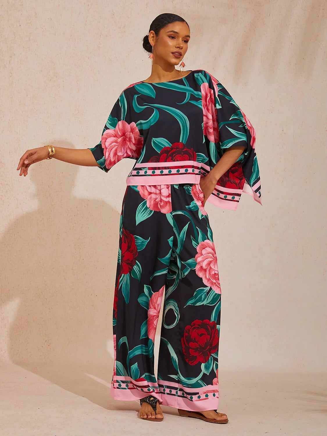 Summer Night Palm Silky Satin Dolman Sleeve Top