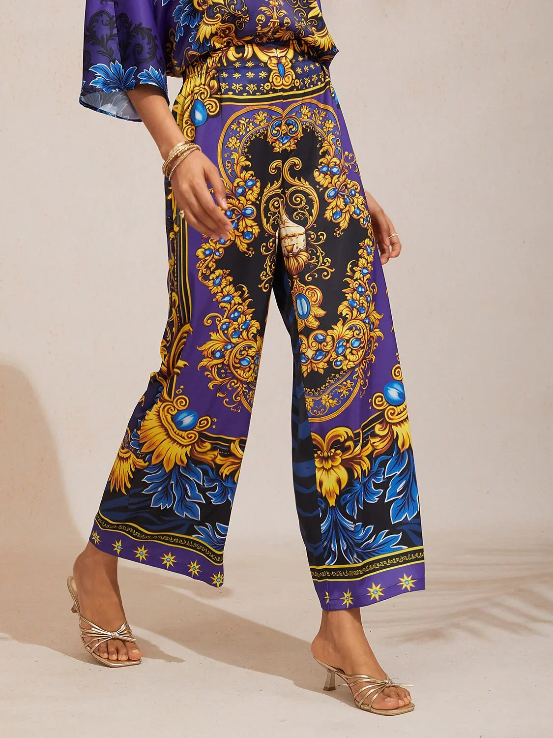 Midnight Blue Baroque Satin Elastic Waist Straight Pants