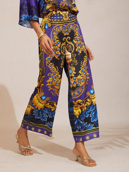 Midnight Blue Baroque Satin Elastic Waist Straight Pants