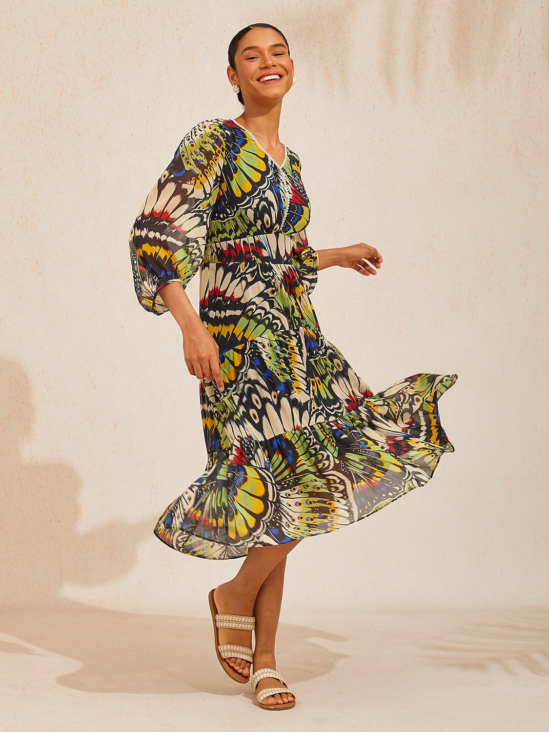 Verdant Baroque Bloom Flowy Chiffon Midi Dress
