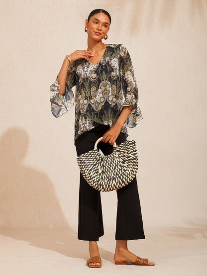 Green Mandala Floral Flowy Chiffon Blouse