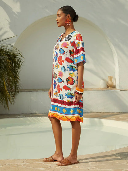 Vacation Ocean Elements Shirred Satin Mini Dress