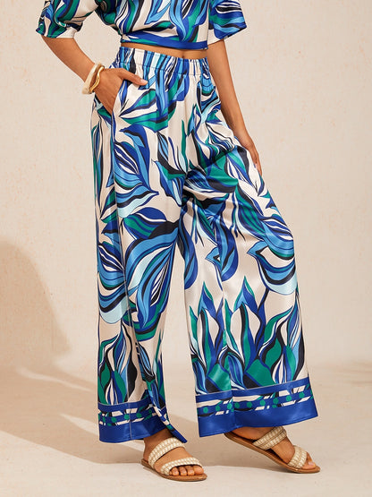 Marble Flora Silky Satin Wide Leg Pants