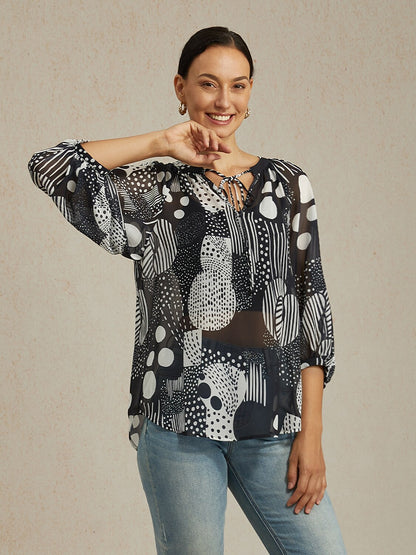 Abstract Print Puff Sleeve V-Neck Chiffon Blouse