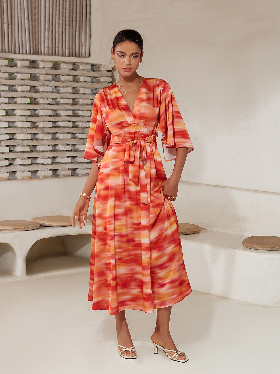 Shading Print V-Neck Maxi Dress