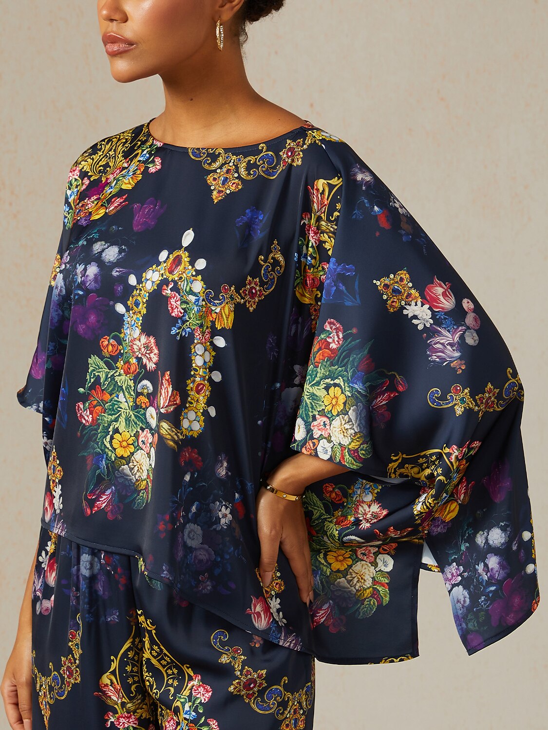 Midnight Jewel Bloom Silky Satin Dolman Sleeve Top