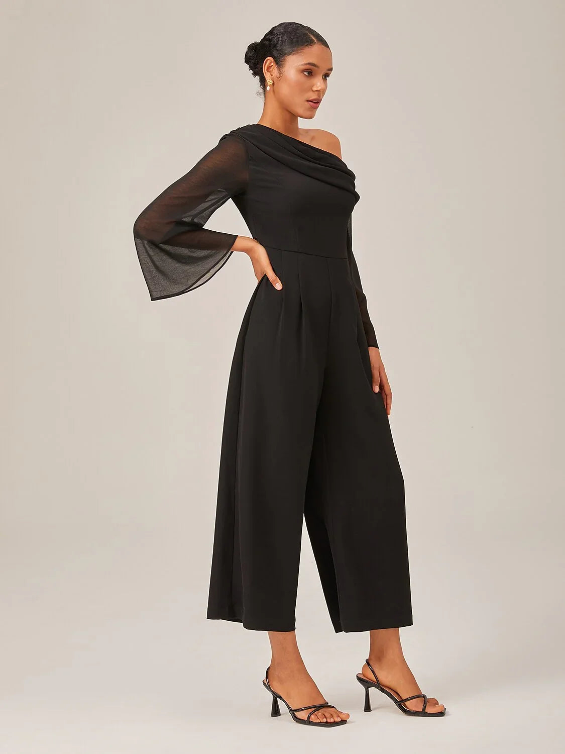 Draped Asymmetric Shoulder Elegant Black Jumpsuit