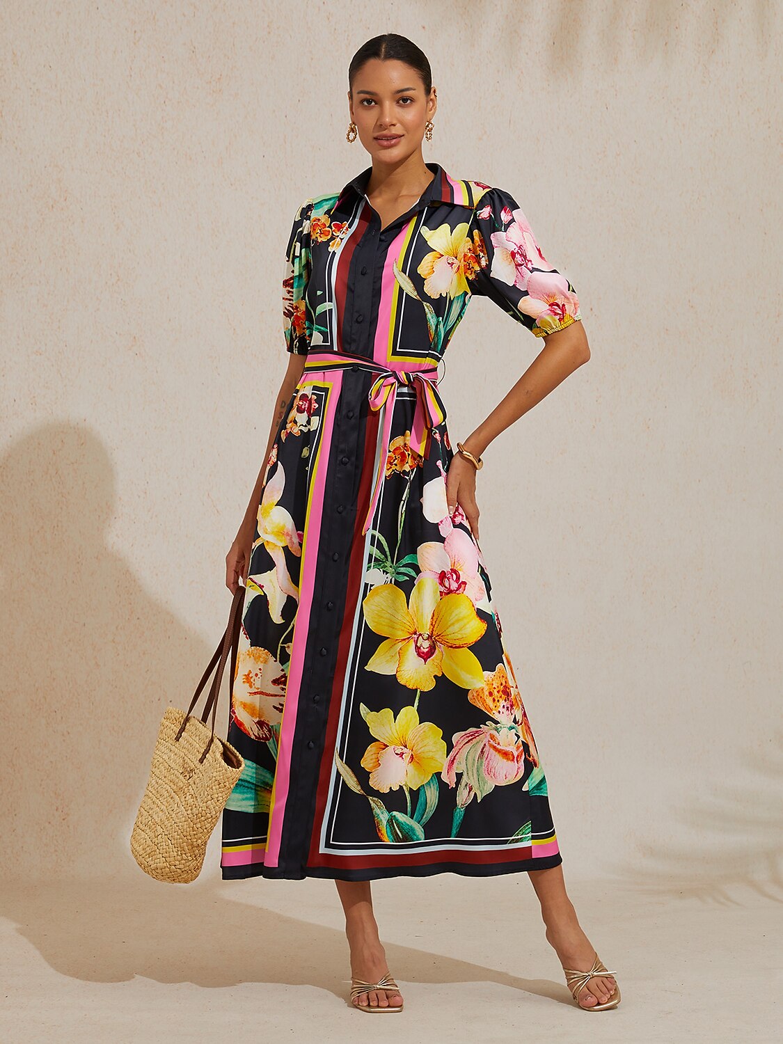 Midnight Floral Carnival Silky Satin Midi Dress
