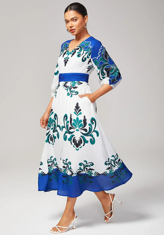 Bold Multicolor Print Cotton Linen Like Dress