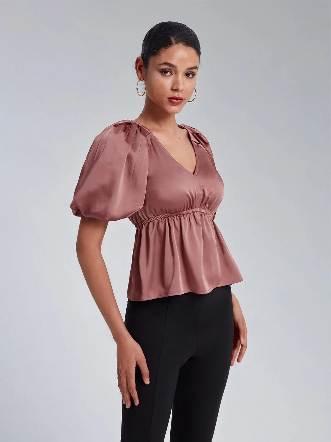 V-Neck Puff Sleeve Peplum Top