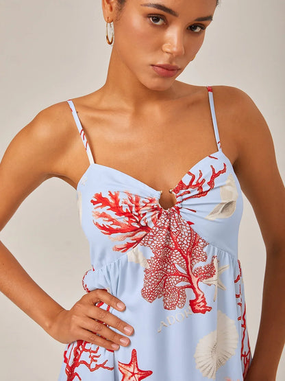 Rotes Chiffon-Maxikleid mit Ozeanmotiv und Spaghettiträgern