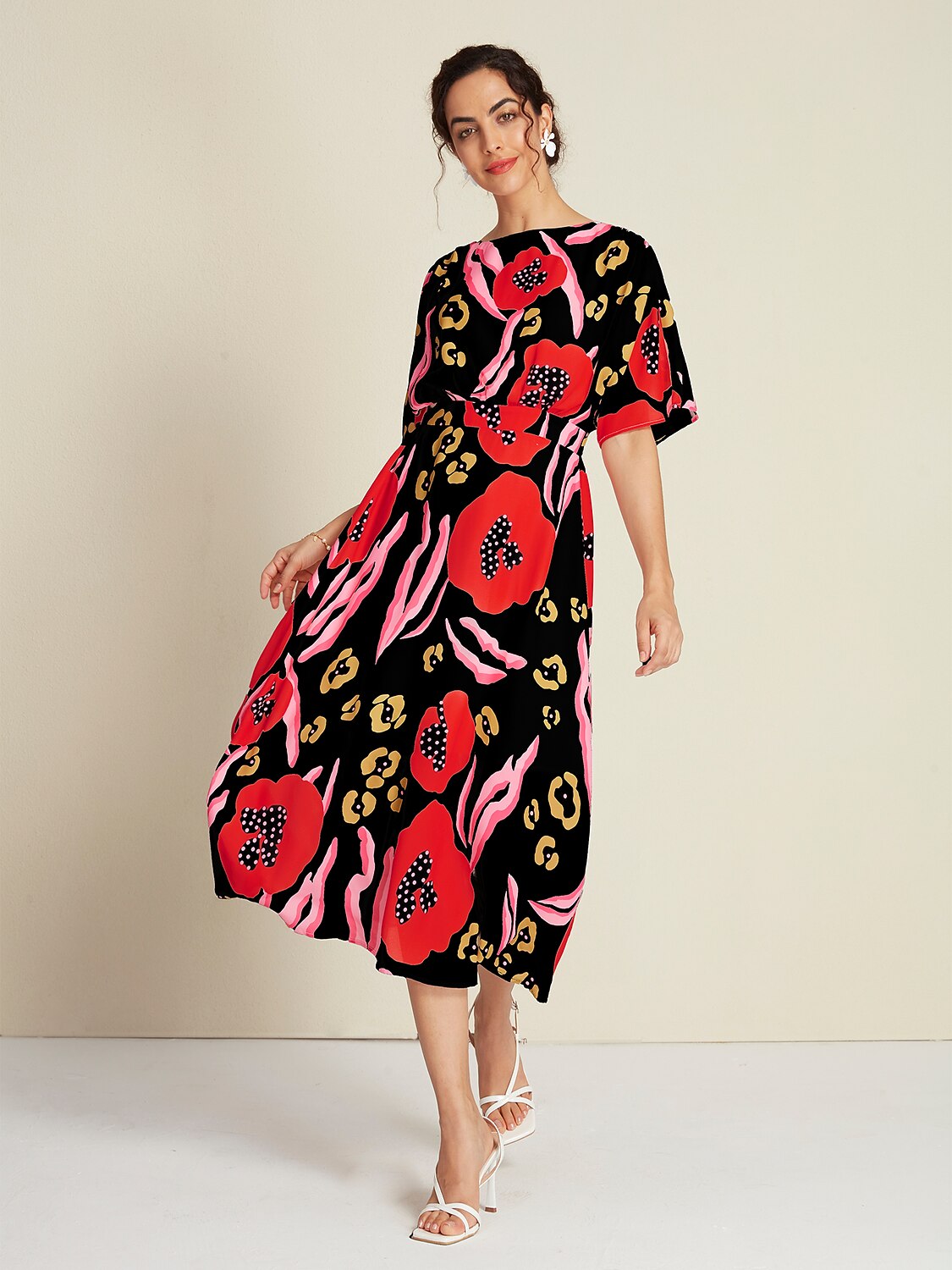 Floral Elastic Waist Half Sleeve Midi Dress