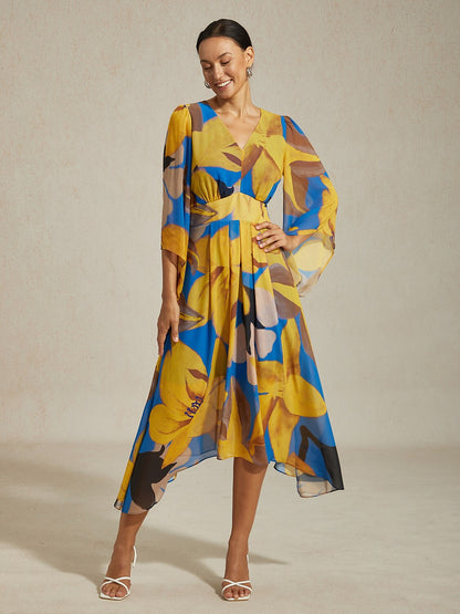 Abstract Floral Print Chiffon Maxi Dress