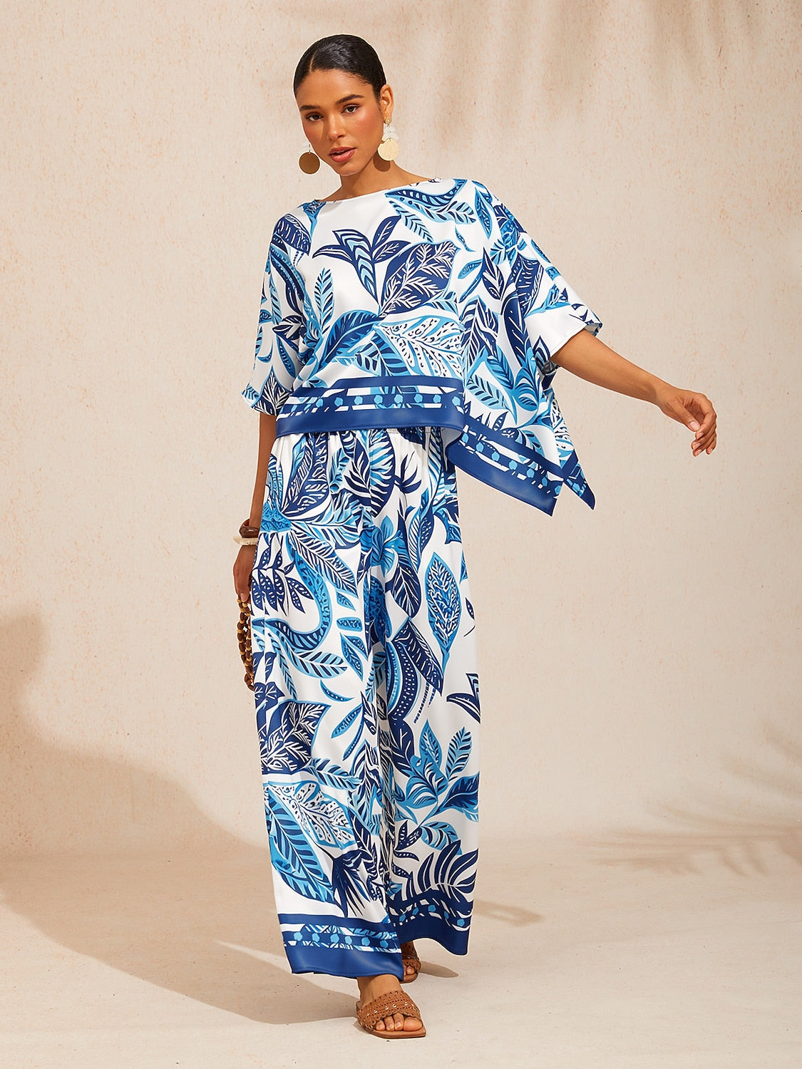 Azure Leaves Silky Satin Wide Leg Pants