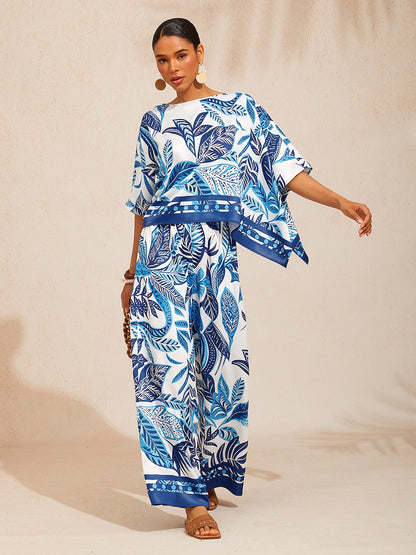 Azure Leaves Silky Satin Wide Leg Pants