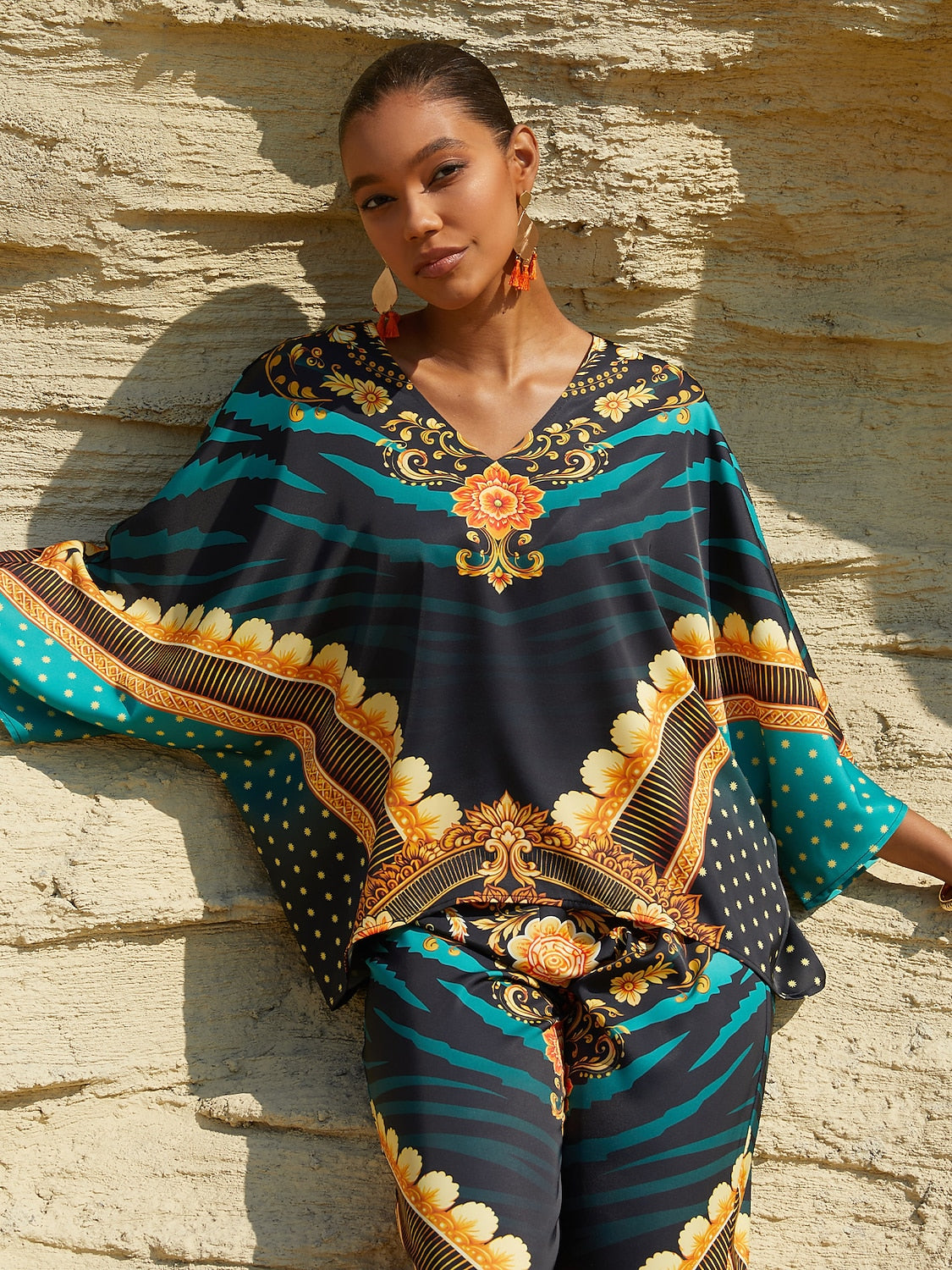 Indigo Tigress Silky Satin  Vacation Batwing Top