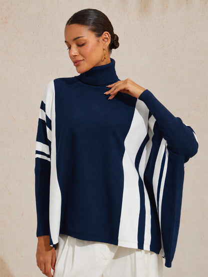 Contrast Stripe High-Stretch Mock Neck Knit Sweater