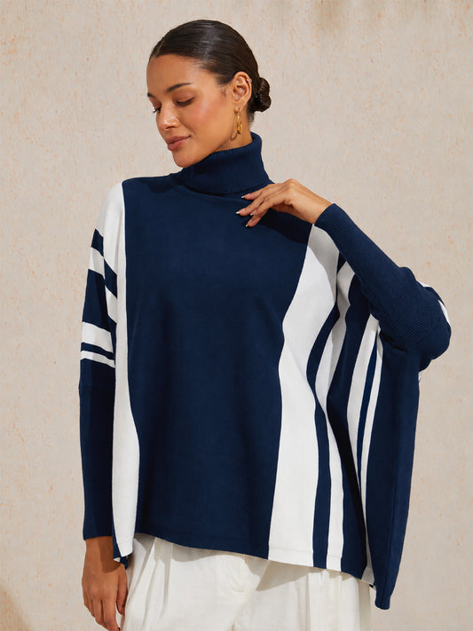 Contrast Stripe High-Stretch Mock Neck Knit Sweater