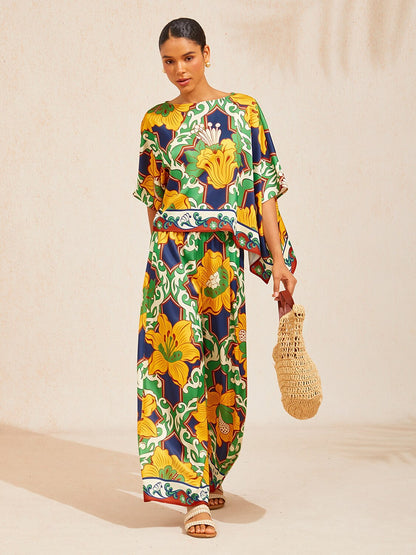 Emerald Bloom Bazaar Silky Satin Batwing Top