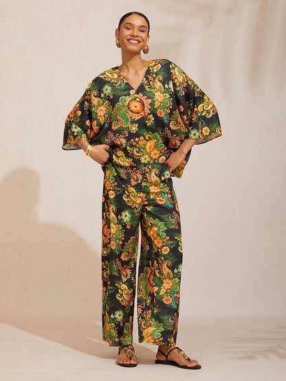 Paisley Bloom Silky Satin Dolman Sleeve Top