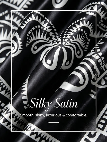 Pantalones Anchos de Satén Negro Estampados de Largo Completo