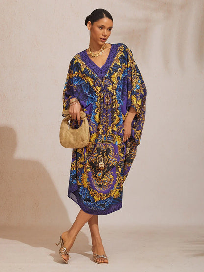 Midnight Blue Baroque Flowy Chiffon Dolman Sleeve Kaftan