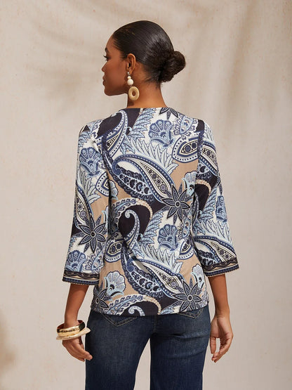 Abstract Paisley Pattern High Stretch Knit Top