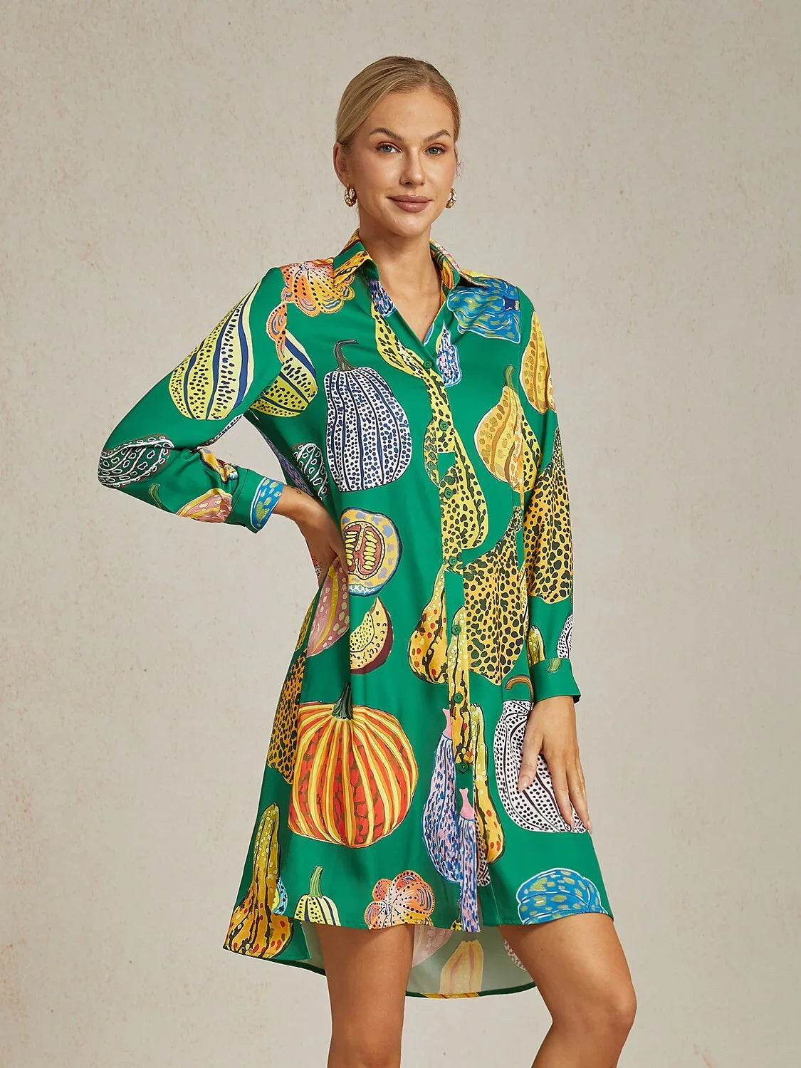 Pumpkin Print Split Hem Shirt Dress