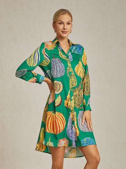 Pumpkin Print Split Hem Shirt Dress