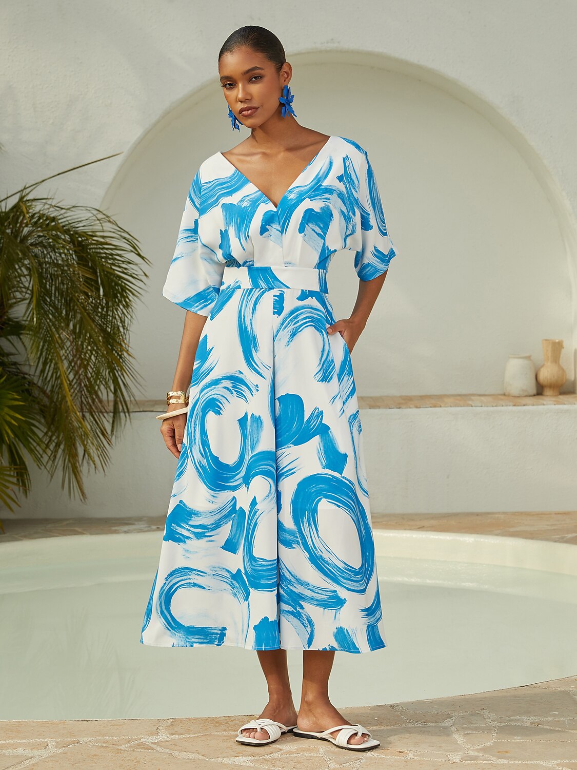 Satin Blue Brushstroke Print Maxi Dress Casual Vacation Travel