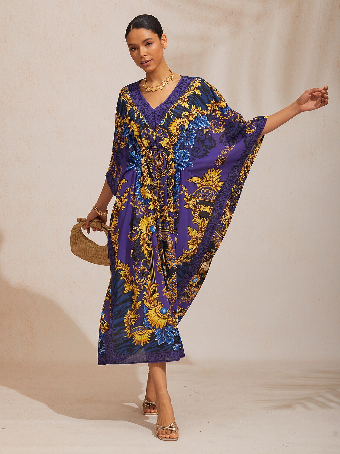 Midnight Purple Baroque Flowy Chiffon Dolman Sleeve Kaftan