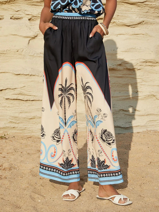 Summer Night Palm Silky Satin Straight Pants