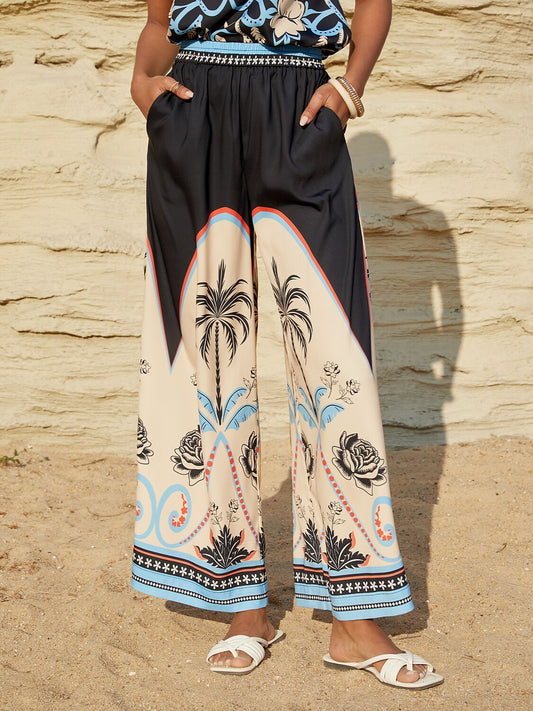 Pantalones Rectos de Satén Sedoso con Palmeras para Noche de Verano