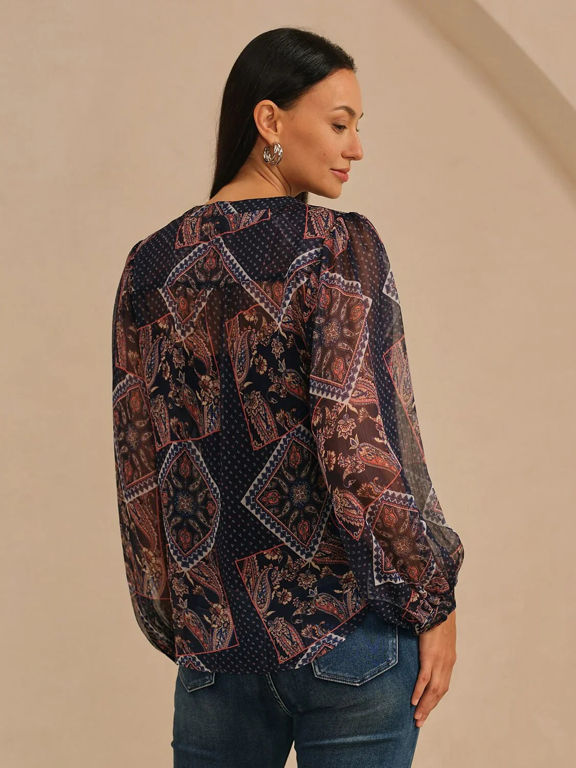Geometric Combination Paisley Print Sheer Chiffon Blouse