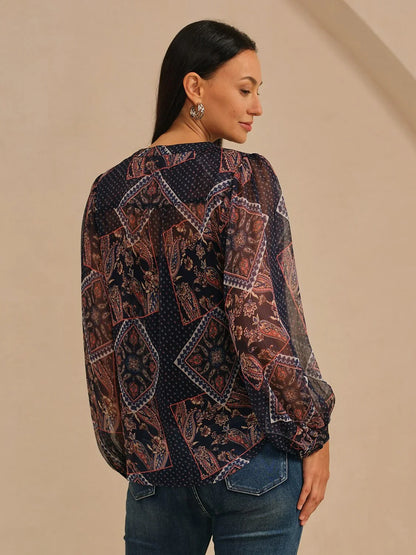 Geometric Combination Paisley Print Sheer Chiffon Blouse