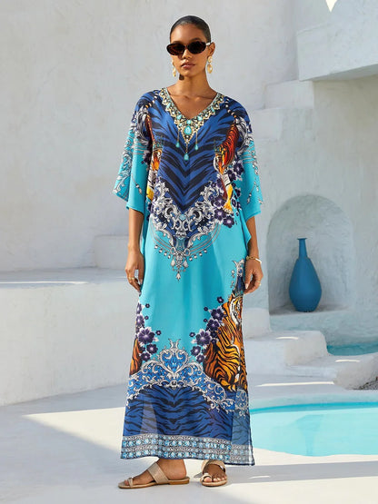 Indigo Tigress Flowy Chiffon Maxi Dress