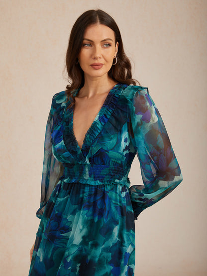 Ocean Bloom Reverie Flowy Chiffon Maxi Dress