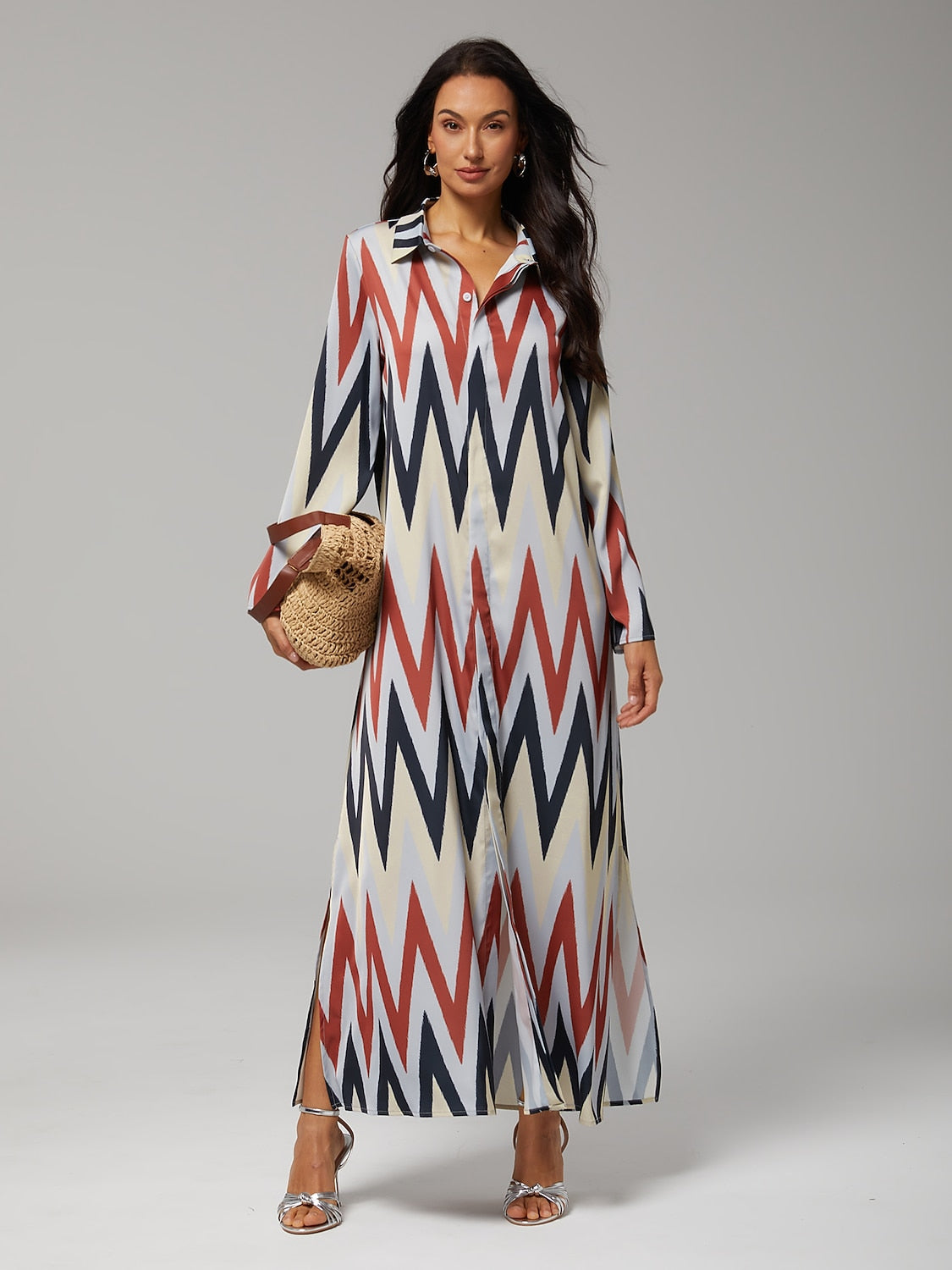 Satin Geometric Print Maxi Shirt Dress