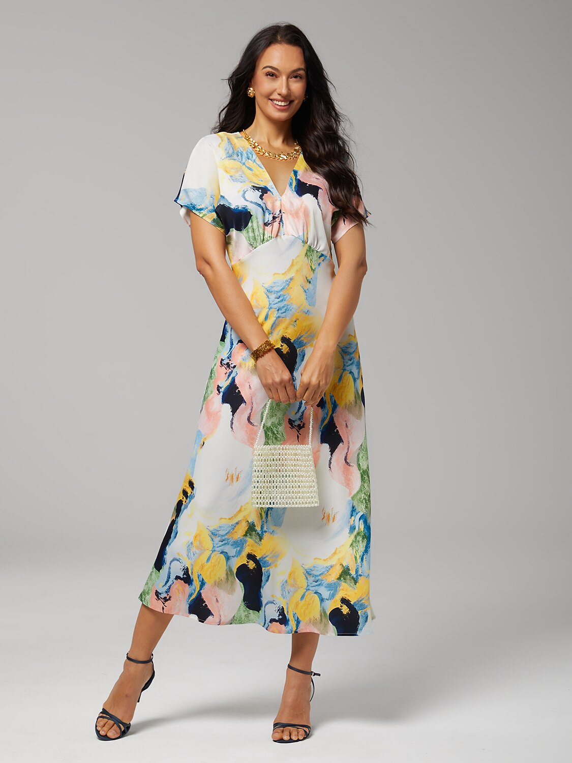 Red Floral Print Silky Satin Maxi Dress