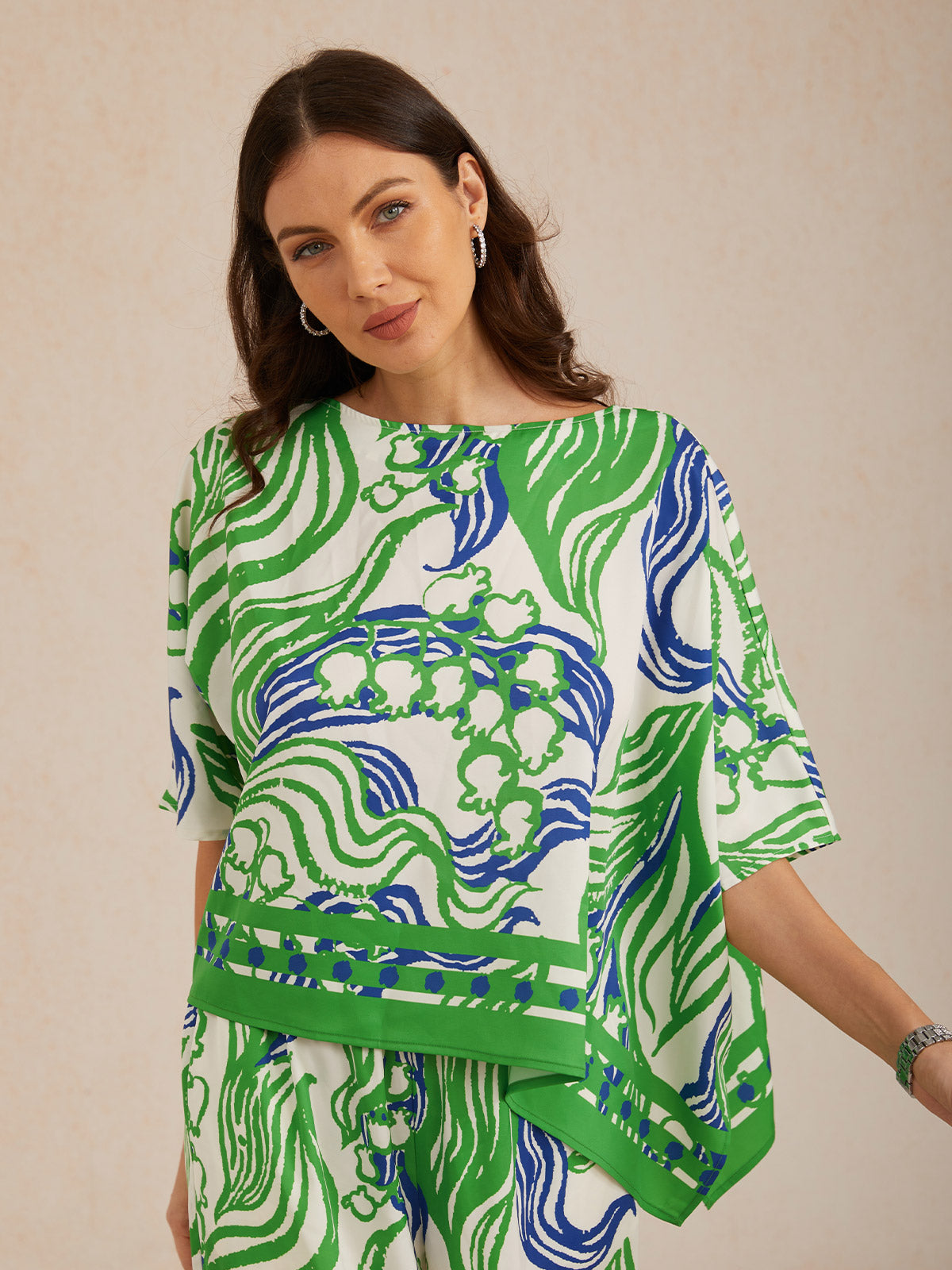 Abstract Bell Flower Silky Satin Batwing Top
